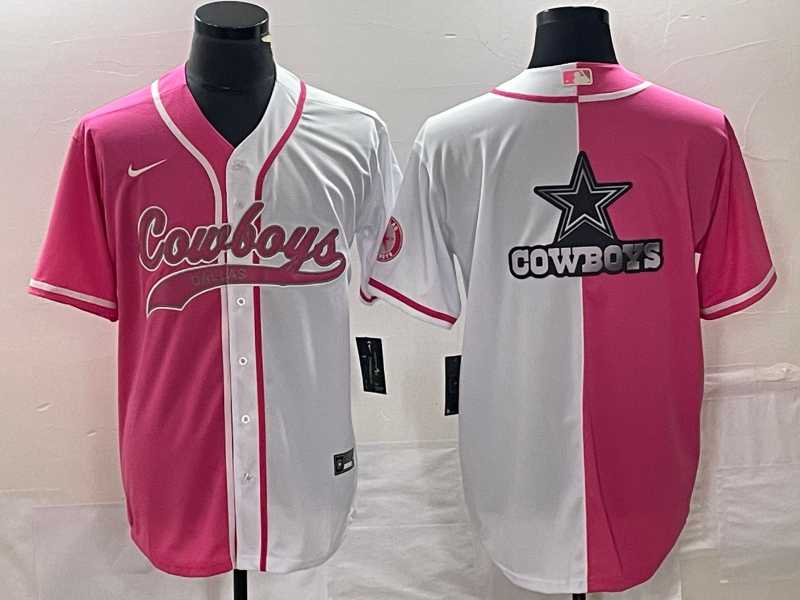 Mens Dallas Cowboys Pink White Split Team Big Logo Cool Base Stitched Baseball Jersey